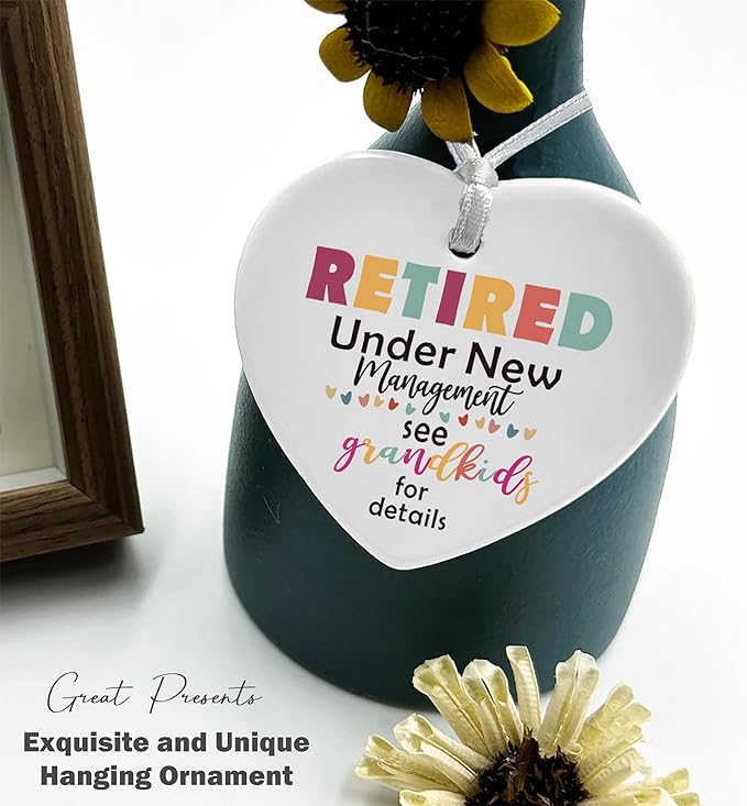 Funny Retirement Gift for Grandma Nana-Heart Shaped Christmas Ornament-Retired Under New Management-Grandmother Appreciation Present-Ceramic Keepsake with Gift Box