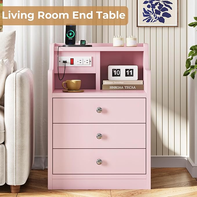 ADORNEVE Night Stand Set 2,Pink Nightstand with Charging Station & Hutch,Night Stands for Bedrooms Set of 2,Bedside Table with Drawers