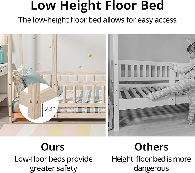 LLS Twin Montessori Bed Frame, Wooden House Bed with Fence and Roof, Floor Bed for Boys Girls Bedroom, Natural