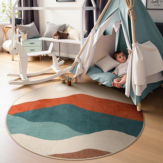 Round Rugs 4ft, Non Slip Washable Circle Rug for Bedroom Mountain Boho Round Area Rug for Living Room, Modern Soft Accent Carpet for Entryway Dining Room(Colorful)