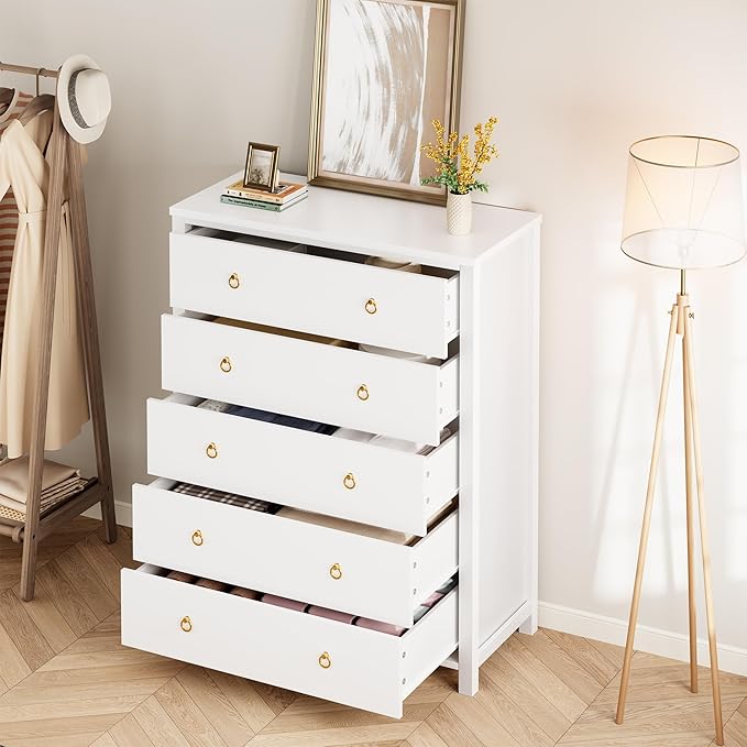 IDEALHOUSE Dresser for Bedroom with 5 Drawers, 45'' Tall Chest of Large Drawers with Large Clothes Storage Cabinet, Wood Bedroom Dresser, TV Stand for Nursery, Living Room, Enterway, White
