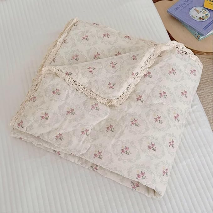 BuLuTu Vintage Princess Style Pink Floral Girls Kids Quilt, Muslin Children Bed Blanket Soft Lightweight Toddler Girls Comforter with Lace Edges, 60"x78",Begonia Print, Machine Wash