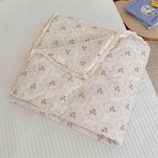 BuLuTu Vintage Princess Style Pink Floral Girls Kids Quilt, Muslin Children Bed Blanket Soft Lightweight Toddler Girls Comforter with Lace Edges, 60"x78",Begonia Print, Machine Wash