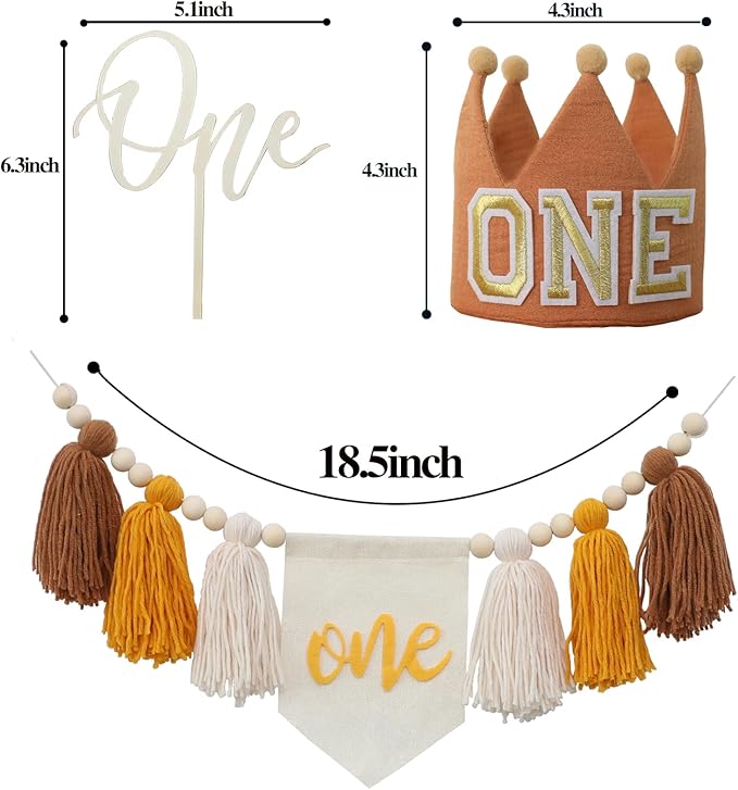 1st Birthday Highchair Banner Neutral Decorations With ONE Crown Hat Cake Topper For Photo Backdrop