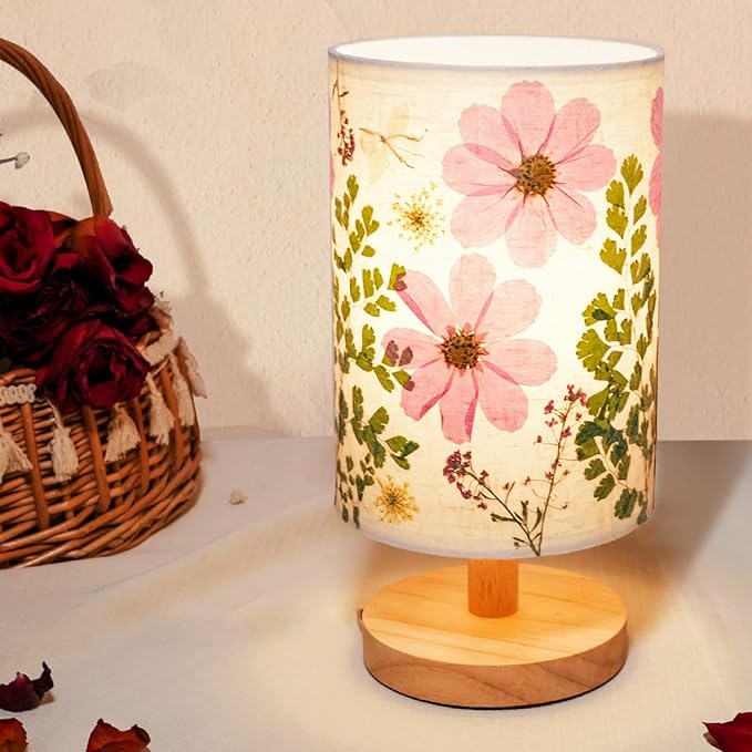 Dried Flowers Small Table Lamp 5W LED 3-Color Pressed Flower Bedside Lamp Linen Shade with Wood Base for Bedroom Living Room Desk Nursery