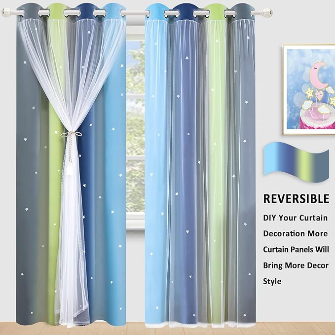 Kinryb Nursery/Kids/Girls Room Star Cut Out Blackout Rainbow Curtain with Sheer Overlay 2 Panels, Each 52 inch Wide,108 inch Length with White Gauze,Ombre Stripe Rainbow Curtains (2 Pcs,52x108 Inch)