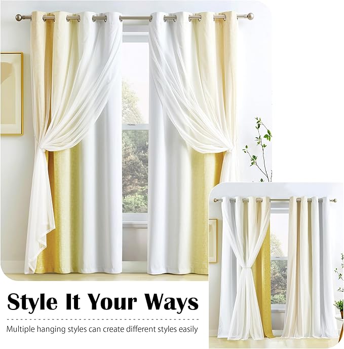100% Blackout Curtains with Sheer Overlay Mix and Match Double Layer Drapes 84 Inch Long 2 Panels for Bedroom Living Room Yellow White Ombre Grommet Window Treatment with Tiebacks