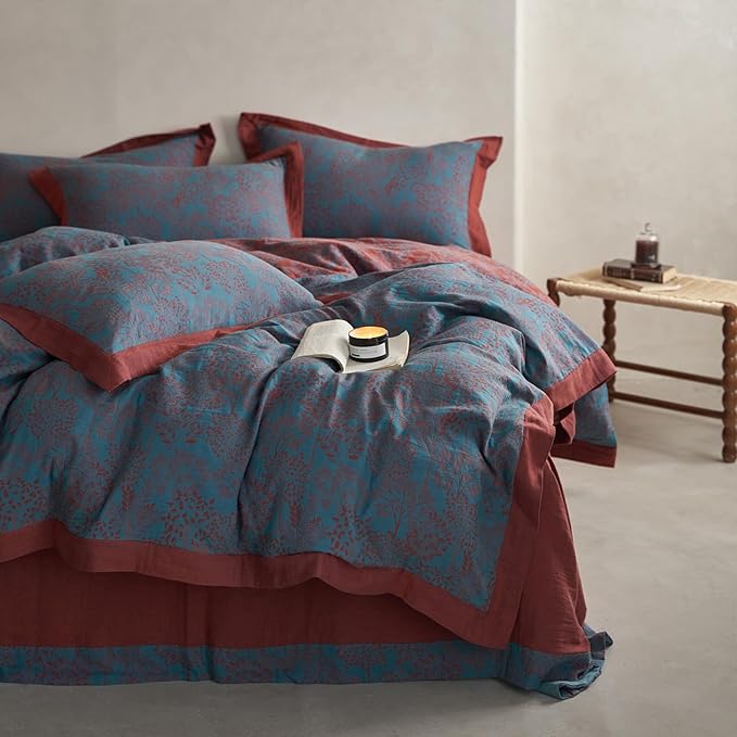 Vintage Blue Floral Duvet Cover Queen Retro Forest Theme Jacquard Duvet Cover Reversible Burgundy Floral Comforter Cover Linen Cotton Yarn-Dyed Textured Duvet Cover Botanical Farmhouse Bedding Set