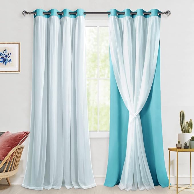 Hiasan Blackout Curtains with Sheer Overlay - 52W X 120L,Two Layer Thermal Insulated Mix & Match Grommet Window Curtains for Bedroom, Living Room, 2 Drape Panels with Tiebacks, Turquoise