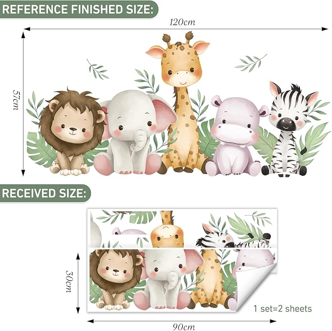SHUCHING Watercolor Jungle Animal Wall Decals Peel and Stick, Vinyl Safari Giraffe Lion Elephant Wall Sticker, Wall Decor Art for Nursery Baby Playroom Kids Bedroom