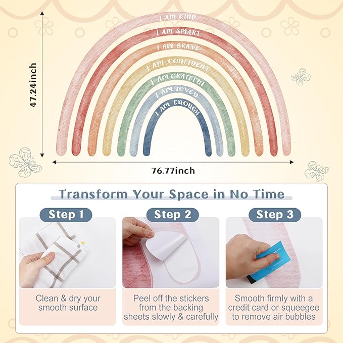 Tinideya 76.77x47.24'' Watercolor Large Rainbow Wall Decal Classroom Wall Decor with Inspirational Quote Peel and Stick Stickers Waterproof Wallpaper for Girls Kids Bedroom Nursery Playroom(Cute)