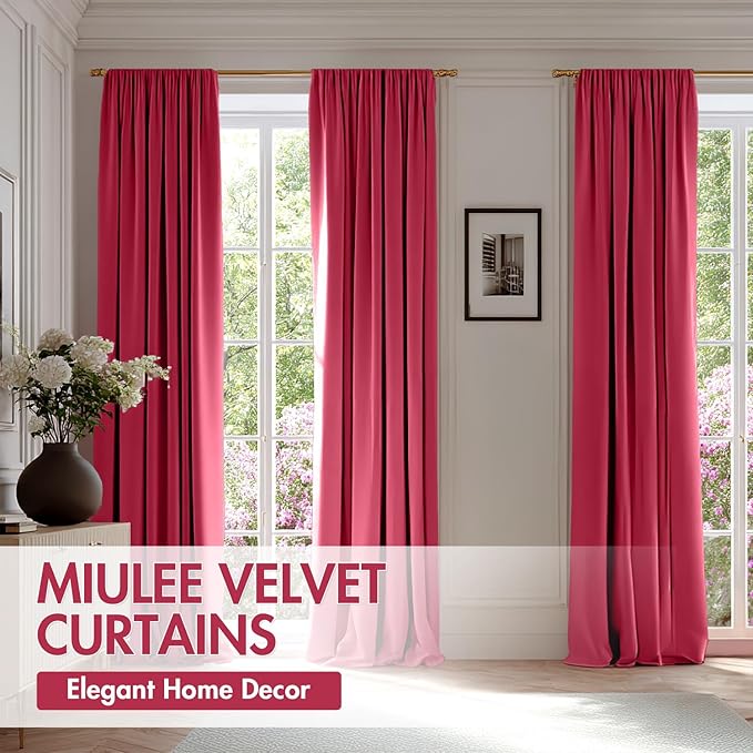 MIULEE Berry Velvet Curtains Thermal Insulated Blackout Curtain Drapes for Bedroom Living Room Darkening 90 Inches Long Curtains Panels Rod Pocket Set of 2