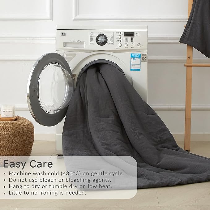 Muslin Comforter Set Queen Size, Cotton Cover & Polyester Filling, Breathable & Linen Like & Suitable for All-Season Use,3 Pieces(1 Comforter 90"x90", 2 Pillow Shams 20"x26"), Rock Grey
