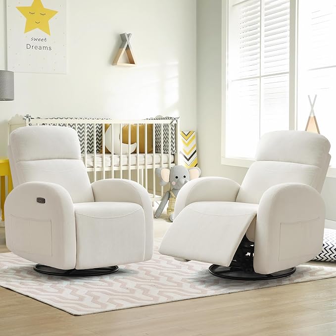 Power Nursery Glider Recliner, Chenille Electric Rocker Recliner with Type-C & USB Port, Nursery Swivel Rocker Recliners with Double Pockets for Adult, Cream White