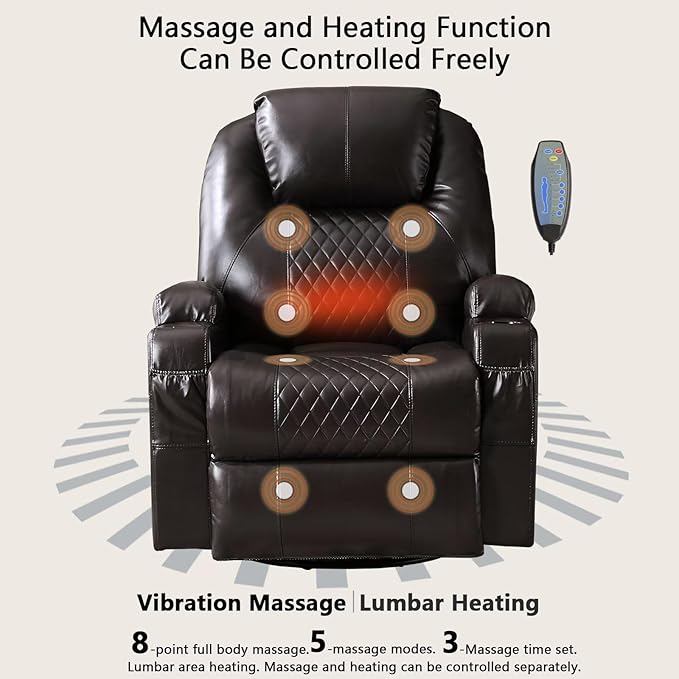 Power Swivel Rocker Recliner Chair with Massage and Heat/LED Lights/USB and Type-C Ports/Infinite Position/Cup Holder, Electric Glider Reclining Sofa for Nursery Living Room(2, Brown)