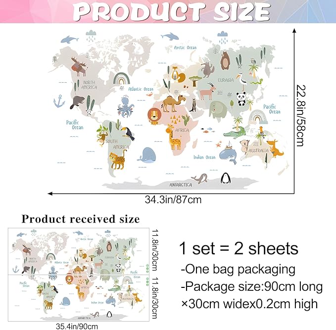 Animal World Map Wall Decals Jungle Animal Wall Stickers Forest Wild Animals Elephant Monkey Wall Art Vinyl DIY Removable Peel and Stick for Kids Boys Bedroom Nursery Classroom Home Decoration