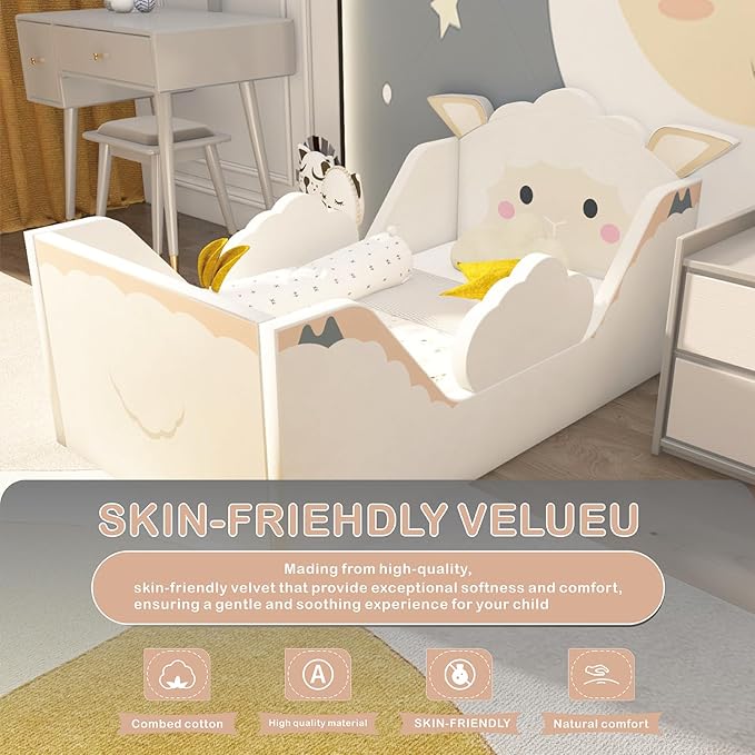 Toddler Beds, Child Bed for Kids with Extra Safty Broad, Standard Crib Size AnimalToddler Bed, Certified Fabric Toddler Beds,Toddler Floor Beds (Sheep)
