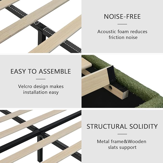 Full Size Bed Frame with Headboard, Cloud Boucle Upholstered Bed Frame, Modern Soft Style, Adjustable Headboard, No Box Spring Needed, Easy Assembly, Green