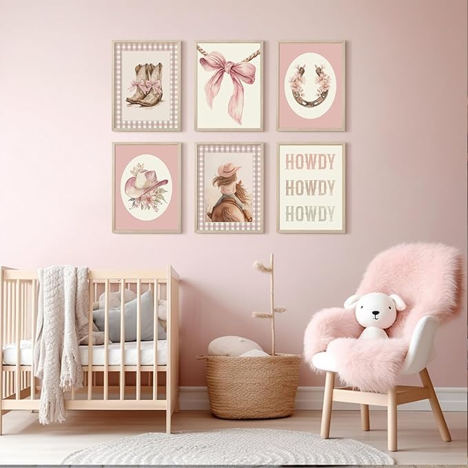 Western Cowgirl Nursery Wall Art Decor Vintage Girl Room Canvas Poster Pink Coquette Nursery Art Prints Preppy Aesthetic Pictures Bow Floral Boots Artwork for Girls Bedroom 12x16 Inch Framed 6Pcs