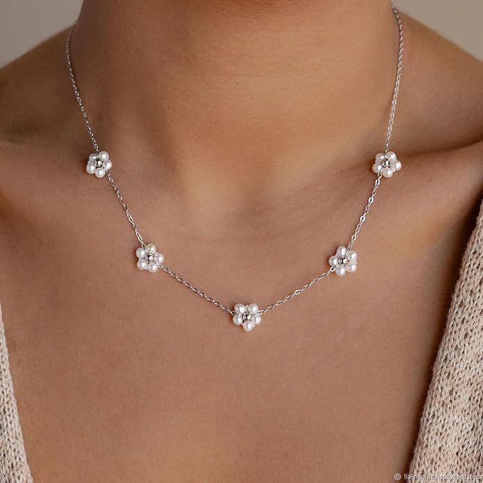 SmileBelle Pearl Necklaces for Women, Daisy Pearl Choker as Christmas Stocking Stuffers for Teens, Silver Daisy Pearls Jewelry Trendy Stuff Birthday Gifts 3 Pearls White Necklace as Wedding Jewelry