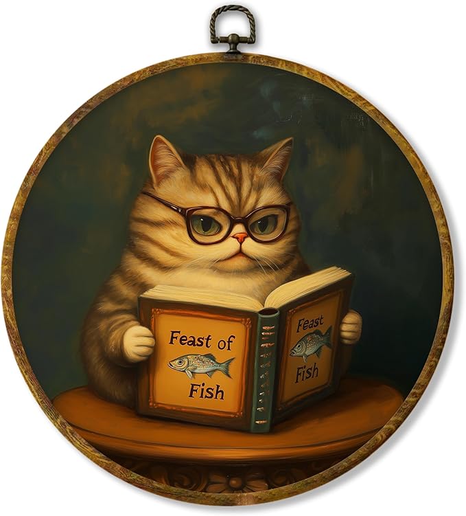 Hiuwevt Vintage Cat Reading Book Round Wall Art, Reading Nook Corner Decor, Book Club Decorations, Funny Cat Hanging Canvas Prints Wall Decor for Library Classroom Home, 10x10 Inch