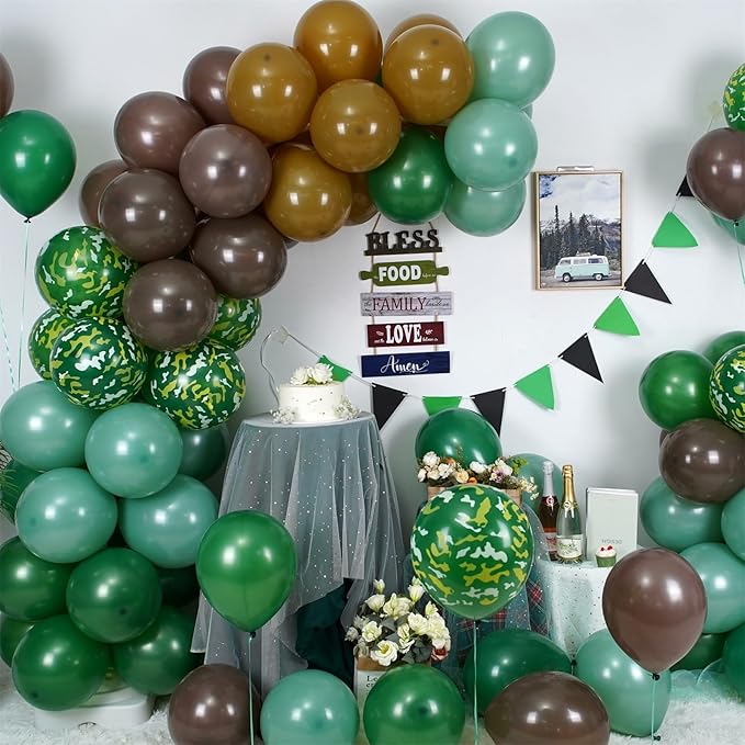 Green and Brown Army Balloons Set, 12 Inch Dark Sage Green Retro Light Coffee Brown Camo Latex Balloons for Camouflage Birthday Party Hunting Soldier Camping Jungle Themed Party Decorations Supplies