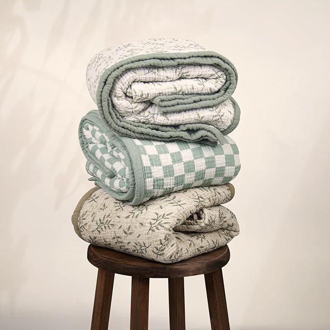 lulumoon Checkered Baby Blankets for Boys: Muslin Cotton Toddler Blanket for Daycare - Soft Lightweight for Nursery Stroller 47"× 47"（Sage Checkered）