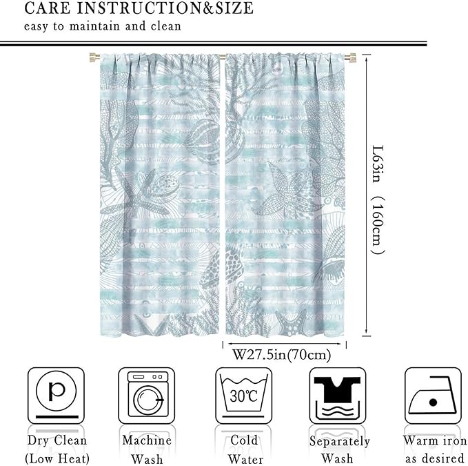Starfish Curtains，Starfish and Seashells Coastal Curtain Ocean Themed Underwater Marine Decor Waterproof Fabric Curtain Set 2 Panels,55x63 Inches