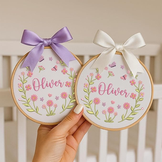 Personalized Baby Name Sign Welcome Baby Announcement Sign Newborn Baby Embroidery Hoop with Bows Baby Hospital Name Sign Custom Infant Baby Name Baby Shower Gifts (04)