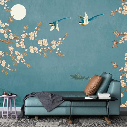 Spring Flowers Bird Wallpaper Chinoiserie Tree Wall Mural Blue Background Wall Decals (Not Peel n' Stick)
