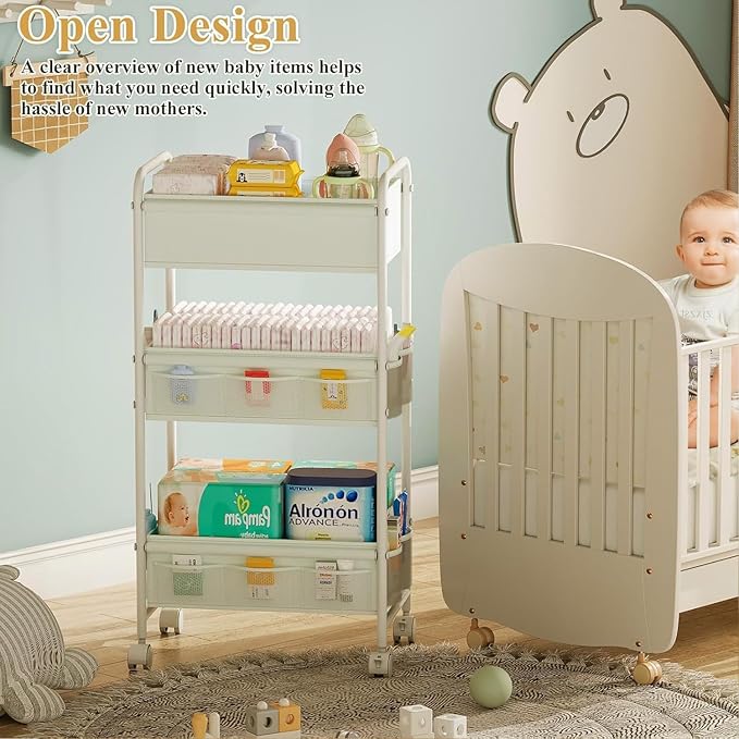3-Tier Baby Diaper Caddy Cart Organizer,Mobile Nursery Storage Cart with Wheels,With 2 Dividers&14 Mesh Pockets Durable Metal Utility Cart for Nursery, Bedroom, Bathroom, Baby Essentials Organization