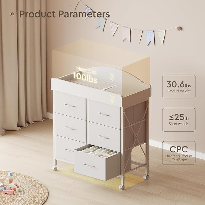 Baby Changing Table Dresser with Wheels, 6-Fabric Drawer Baby Dresser with Changing Table Top, Waterproof Diaper Changing Station & Pad, Mobile Storage Unit, Compact Baby Furniture, White