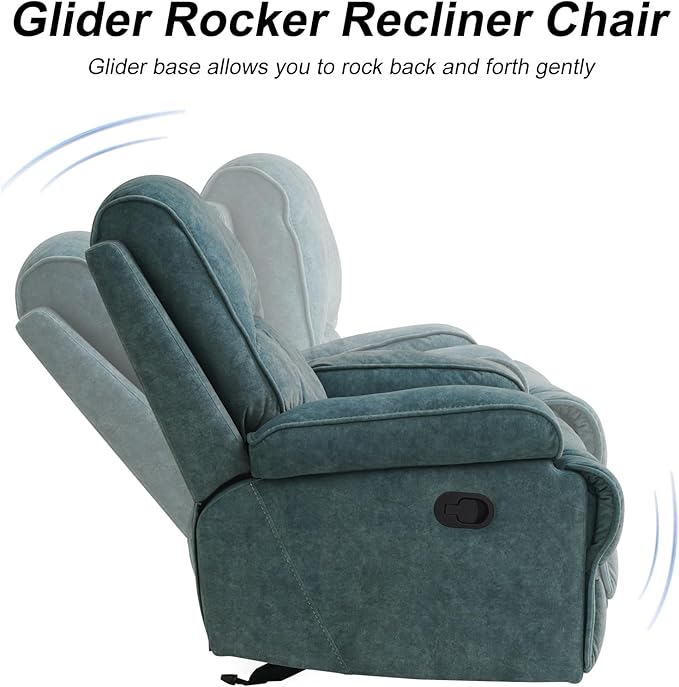 Manual Rocker Recliner Chair for Adults, High Back Glider with Deep Seat, Upholstered Fabric Armchair for Living Room & Nursery, Blue