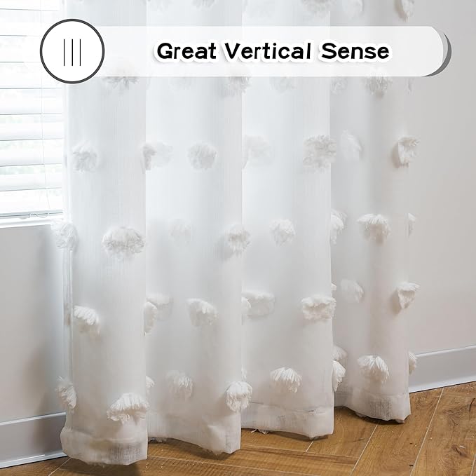 MYSKY HOME Curtains for Living Room and Bedroom - White Pom Pom Sheer Window Panels, 95 Inch Length, Room Darkening, Double Layer, Grommet, Extra Long