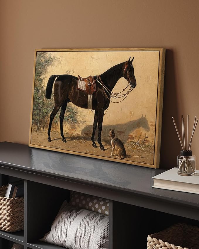 ARPEOTCY Framed Canvas Horse Wall Art, Classical Horse and Dog Art Print for Home Decor, Large Rustic Farmhouse Country Wall Decor for Living Room, Bedroom, Bathroom, Office, 16x24 inch