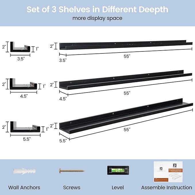 Picture Ledge Wall Shelves 56 Inches Width Set of 3, Solid Pine Wood Rustic Floating Ledge for Kids' Room Bedroom Kitchen Bathroom, Long Floating Shelves for Wall Decor, Black