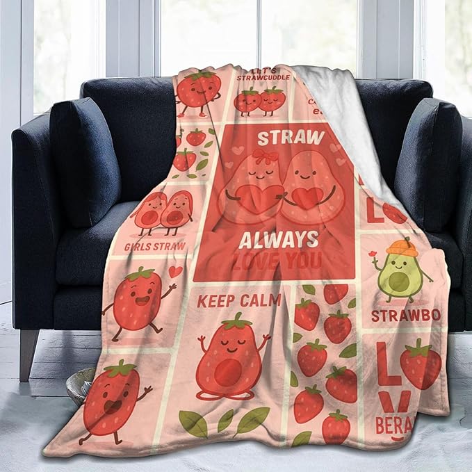 Cute Strawberry Blanket Funny Cartoon Berry Fruit Throw Blanket Soft Cozy Fleece Fuzzy Plush Warm Stuff Bedding Nursery Toddler Baby Blankets Gifts for Boys Girls Kids Adult Men Women 60"X80"