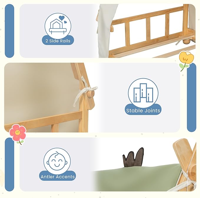 Twin Size Floor Bed with Tent and Light, Wooden Montessori Bed Frame with Roof Design, Low Profile Beds for Kids, Boys and Girls, White