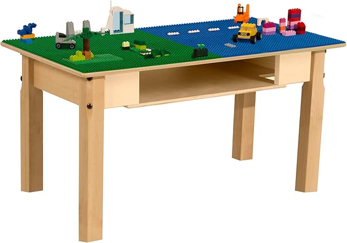 Time-2-Play 30.75" W Rectangular Birch Plywood Blue & Green Lego Compatible Play Table with Shelf for Kids, Children's Table with 16" Long Legs for Playroom [Greenguard Gold Certified]