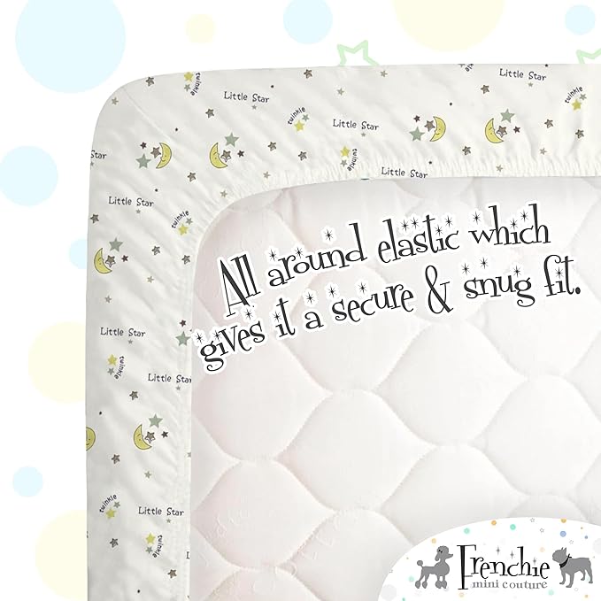 Frenchie Mini Couture Fitted Crib Sheet 100% Woven Cotton Fits Toddler Mattress, 28 x 52 x8in, Twinkle Little Star