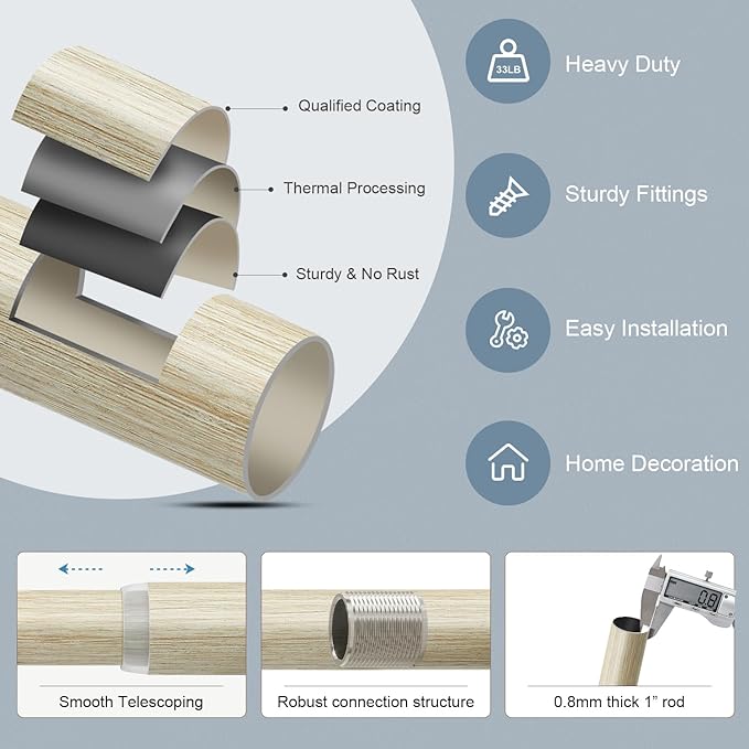 White Oak Wood Grain Curtain Rods for Windows 48 to 84 Inches 1" Diameter Boho Decorative Heavy Duty Window Curtain Rod Adjustable with Solid Finials for Living Room Bedroom Kitchen Farmhouse Outdoor