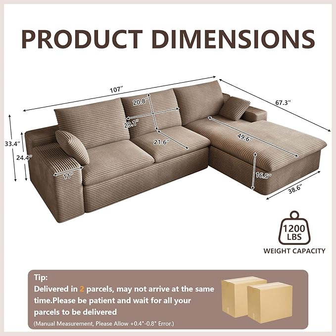 Cloud Sectional Couch,107 Inch Modular Sectional Sofa with Deep Seat, Modern Corduroy Boneless Couches with L-Shape Chaise for Living Room Bedroom, No Assembly Required (Camel, Right Facing Chaise)