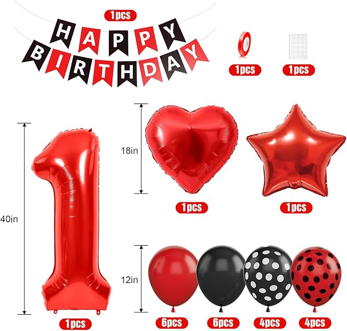 Black Red 1st Birthday Decorations for Kids, 40 Inch Large Number 1 Balloon Black Red Polka Dots 1st Birthday Balloons for Boy Girl 1 Year Old Baby Shower Cartoon Theme Party Decorations