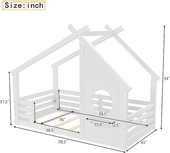 Polibi Twin Size House Floor Bed with Window and a Small Shelf, Solid Wood Low Profile Floor Bed for Kids, No Box Spring Needed, White