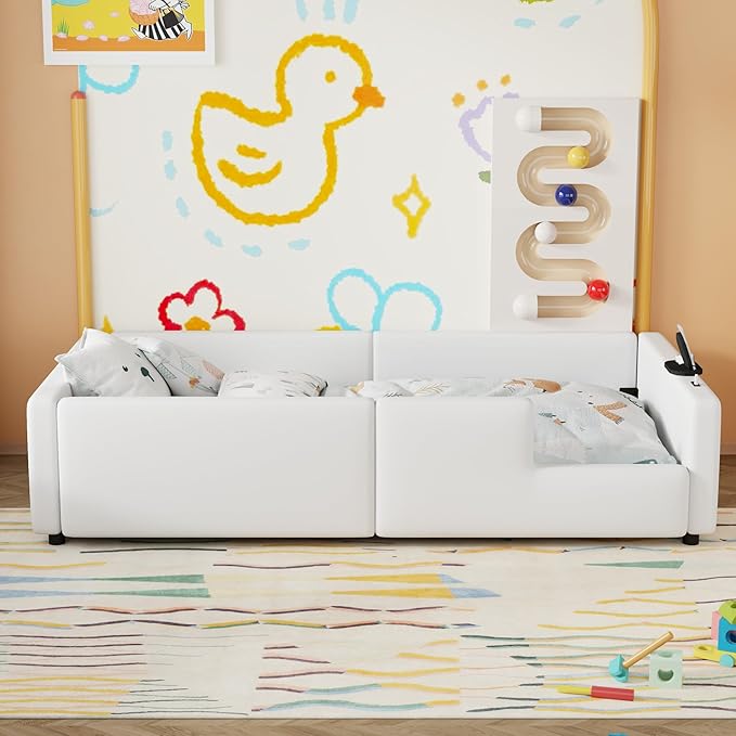 Twin Size Upholstered Platform Bed with Safety Guardrail, Montessori Kids Floor Bed, Child Grounded Bed with Charging Station and Sturdy Slats Support