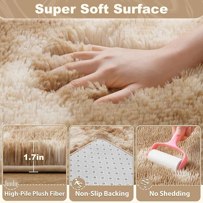 EVOIONOS Area Rug for Bedroom Living Room, Machine Washable 4x6 Fluffy Shag Rug, Soft Plush Non Slip Carpet for Indoor Floor Bedside Nursery Kids Girls Room Dorm, Home Decor Aesthetic, Tie-Dyed Camel