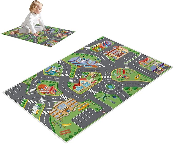 19.7x31.5in Baby Play Mat, Non-Slip Crawling Carpet, Vibrant Polyester Road Rug, Washable Rectangular Kids Rug for Bedroom Living Room
