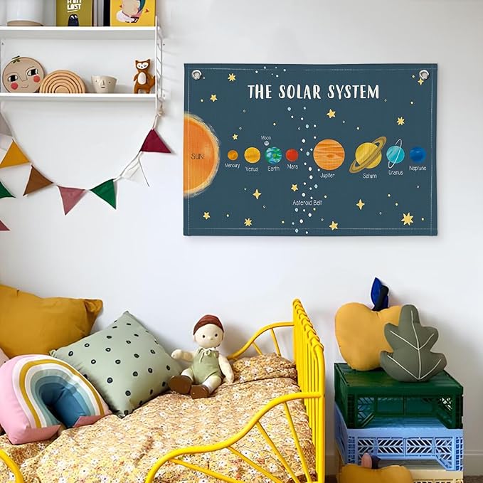 Solar System for Kids, Space Nursery Decor, Space Themed Room Decor, Solar System Linen Canvas Banner Wall Hanging Flag Decor for Playroom 20x30