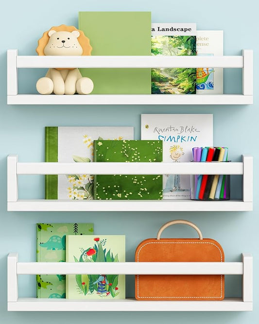 White Nursery Floating Book Shelves for Wall Set of 3, Kids Wall Shelves for Baby Room Bedroom, Modern Hanging Bookshelf for Baby Toddler Children Girls Boys Decor and Toys Books Storage