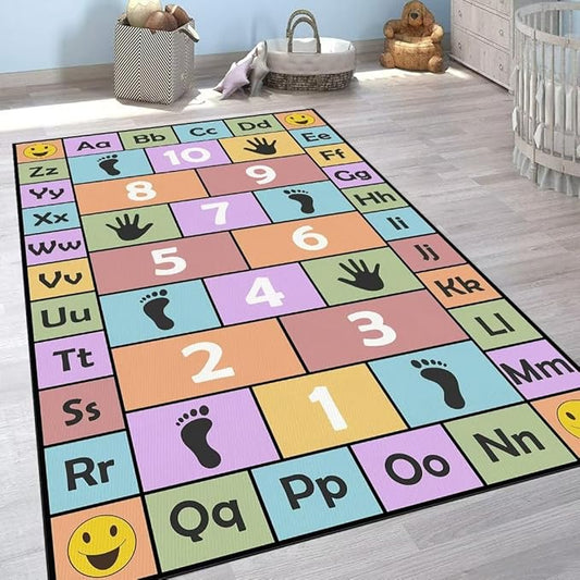Kid Hopscotch Play Rug, ABC Alphabet Number Educational Carpet, Playroom Classroom Mat Non-Slip Washable (Pink 79x118 in)